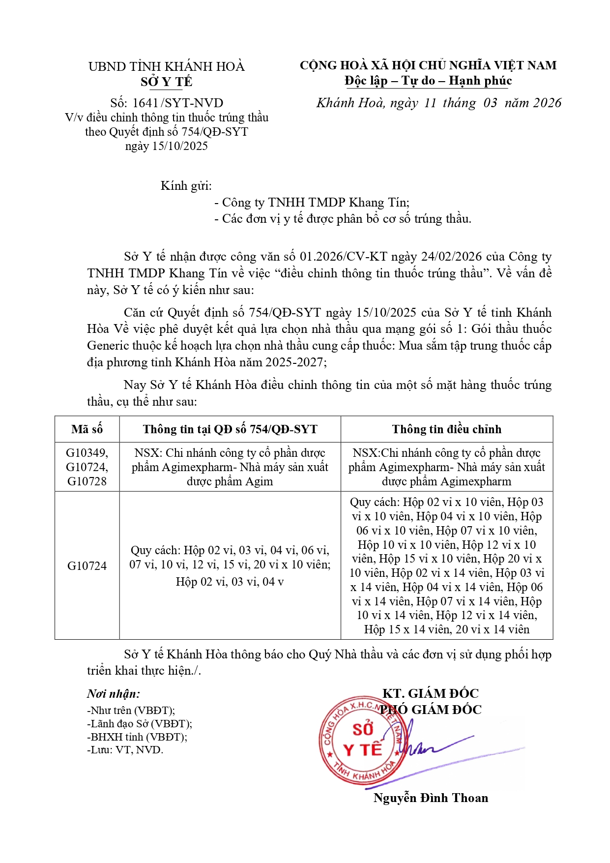V/v điều chỉnh thông tin thuốc trúng thầu theo Quyết định số 754/QĐ-SYT ngày 15/10/2025